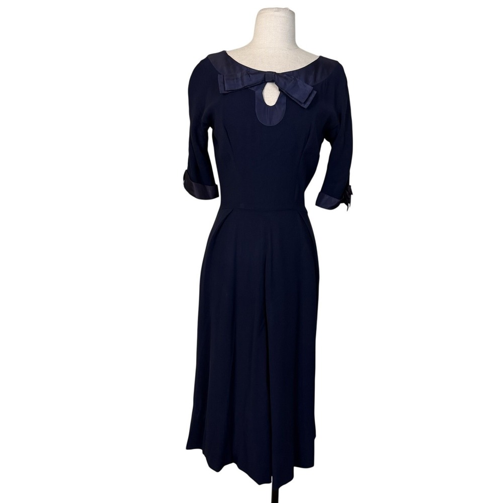 Vintage 1950s Henri Bendel Navy Blue Swing Dress ‎ Sz S/M Pin Up Classy Feminine